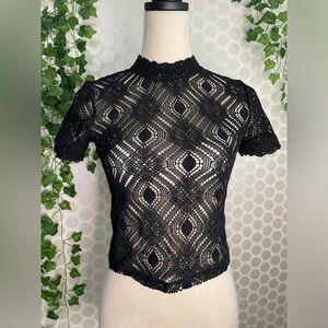 Zara black lace high neck blouse, short sleeves, cotton Polyester. Size S